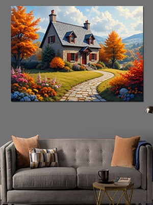 Sonbahar Ev Bahçe Manzarası Dekoratif Kanvas - Mdf Ahşap Tablo
