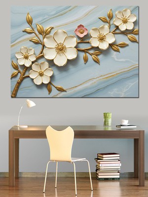 Mermer Zeminde Altın Çiçekler Dekoratif Kanvas - Mdf Ahşap Tablo