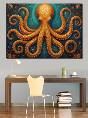 Turuncu Ahtapot Detaylı Çizim Dekoratif Kanvas - Mdf Ahşap Tablo