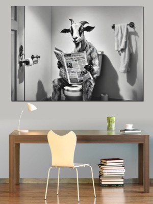 Tuvalette Gazete Okuyan Keçi Dekoratif Kanvas - Mdf Ahşap Tablo