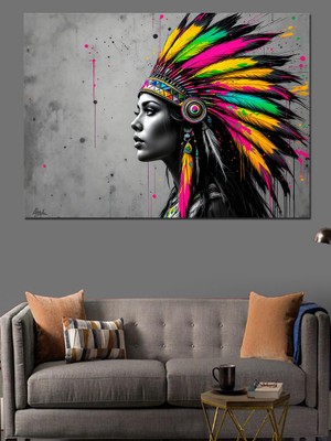 Renkli Tüylü Kızılderili Kadın Dekoratif Kanvas - Mdf Ahşap Tablo