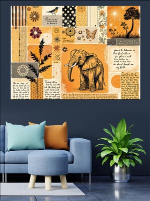 Fil Detaylı Kolaj Sayfa Dekoratif Kanvas - Mdf Ahşap Tablo