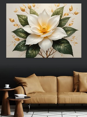 Altın Beyaz Çiçek Aranjmanı Dekoratif Kanvas - Mdf Ahşap Tablo