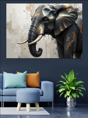 Sırlı Soyut Fırçalı Fil Portresi Dekoratif Kanvas - Mdf Ahşap Tablo