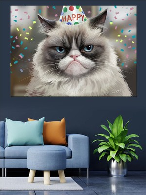 Doğum Günü Şapkalı Kedi Dekoratif Kanvas - Mdf Ahşap Tablo