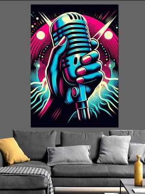 Neon Mikrofon Dekoratif Kanvas - Mdf Ahşap Tablo