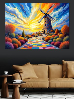 Renkli Yol ve Yel Değirmeni Dekoratif Kanvas - Mdf Ahşap Tablo