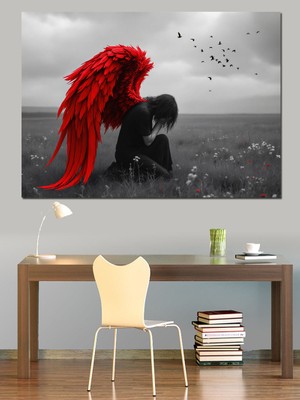 Kırmızı Kanatlı Melek Figürü Dekoratif Kanvas - Mdf Ahşap Tablo