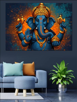 Ganeşa Renkli Tanrı Heykeli Dekoratif Kanvas - Mdf Ahşap Tablo