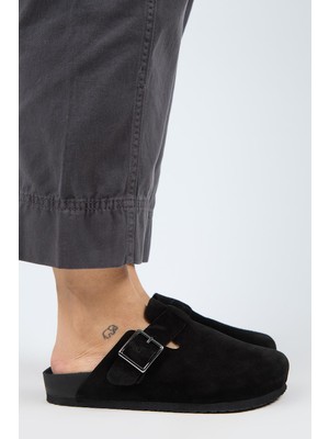 Manijero Zeta 2 Kadın Hakiki Deri Kemerli Tokalı Sabo Siyah Süet Terlik