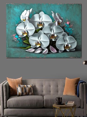 Beyaz Orkide Çiçek Aranjmanı Dekoratif Kanvas - Mdf Ahşap Tablo