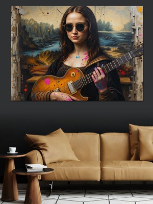 Gitar Çalan Kadın Portre Dekoratif Kanvas - Mdf Ahşap Tablo