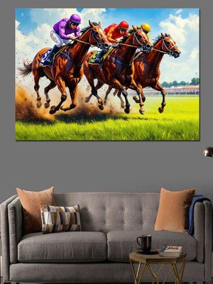 At Yarışı Heyecanı Dekoratif Kanvas - Mdf Ahşap Tablo
