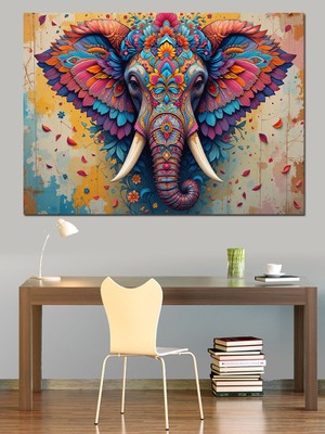 Renkli Fil Baş Portresi Dekoratif Kanvas - Mdf Ahşap Tablo
