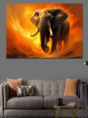 Alevler Arasında Güçlü Fil Dekoratif Kanvas - Mdf Ahşap Tablo