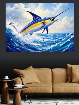 Okyanusta Zıplayan Kılıç Balığı Dekoratif Kanvas - Mdf Ahşap Tablo