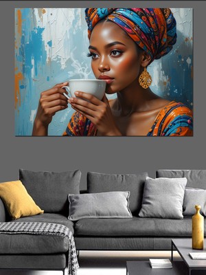Renkli Kıyafetli Çay Içen Kadın Dekoratif Kanvas - Mdf Ahşap Tablo