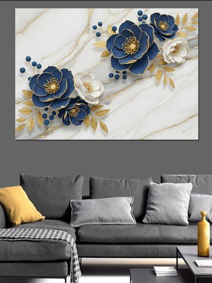 Altın Mavi Çiçek Aranjmanı Dekoratif Kanvas - Mdf Ahşap Tablo