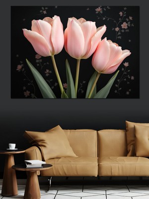 Pembe Lale Çiçek Buketi Dekoratif Kanvas - Mdf Ahşap Tablo