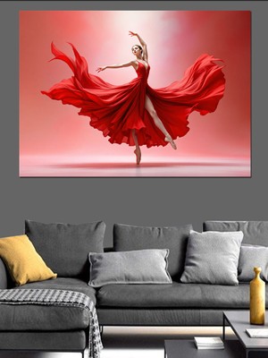 Kırmızı Elbiseli Balerin Kadın Dekoratif Kanvas - Mdf Ahşap Tablo