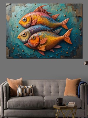 Turkuaz Zeminli Renkli Balıklar Dekoratif Kanvas - Mdf Ahşap Tablo