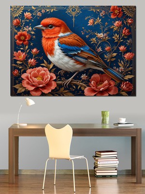 Çiçek Desenli Renkli Kuş Dekoratif Kanvas - Mdf Ahşap Tablo