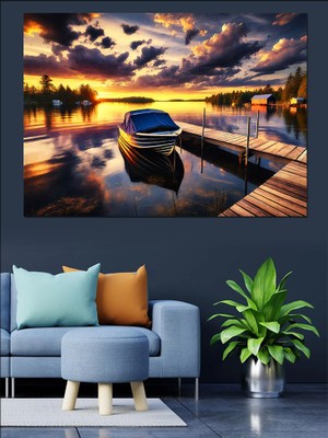 Iskelede Gün Batımı Sandal Dekoratif Kanvas - Mdf Ahşap Tablo