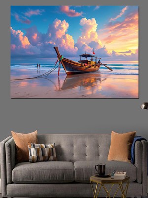 Gün Batımında Terk Edilmiş Sandal Dekoratif Kanvas - Mdf Ahşap Tablo