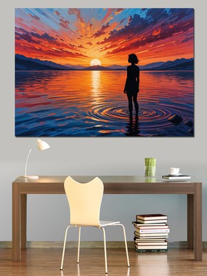 Gün Batımında Yalnız Kadın Dekoratif Kanvas - Mdf Ahşap Tablo