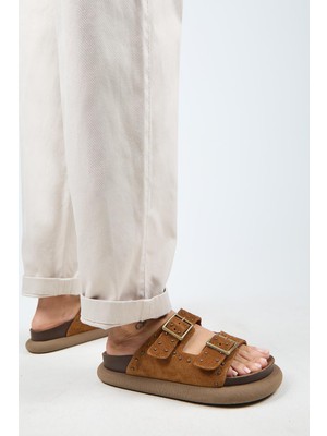 Manijero (Sude) Kadın  Deri Çift Tokalı Troklu Taba Terlik