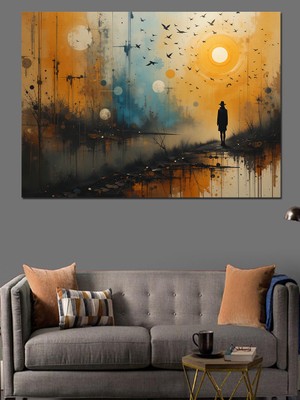 Gölgeli Gün Batımı Adam Silueti Dekoratif Kanvas - Mdf Ahşap Tablo