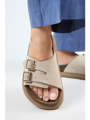 Manijero Lirio Kadın   Deri Tek Bant Çift Tokalı Bej Terlik