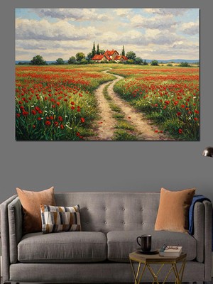 Kırmızı Çiçekli Yol Manzarası Dekoratif Kanvas - Mdf Ahşap Tablo