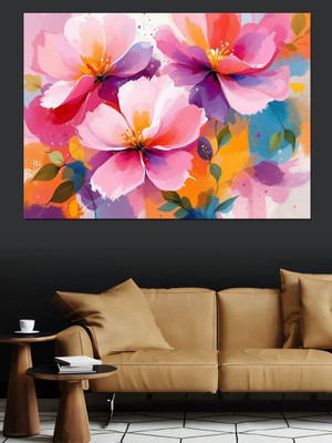 Pembe Sulu Boya Çiçekler Dekoratif Kanvas - Mdf Ahşap Tablo