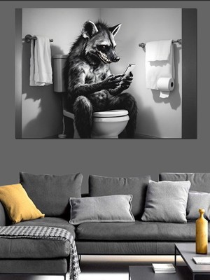 Tuvalette Telefonla Sırtlan Dekoratif Kanvas - Mdf Ahşap Tablo