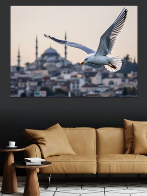 Uçan Martı ve Istanbul Silueti Dekoratif Kanvas - Mdf Ahşap Tablo