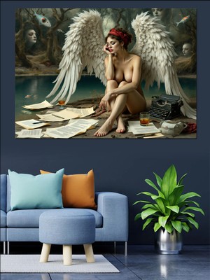 Kanatlı Düşünceli Melek Kadın Dekoratif Kanvas - Mdf Ahşap Tablo