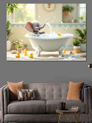 Banyoda Eğlenen Fil Dekoratif Kanvas - Mdf Ahşap Tablo