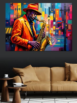 Saksafon Çalan Caz Müzisyeni Dekoratif Kanvas - Mdf Ahşap Tablo
