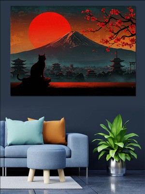 Gün Batımında Dağ ve Kedi Dekoratif Kanvas - Mdf Ahşap Tablo