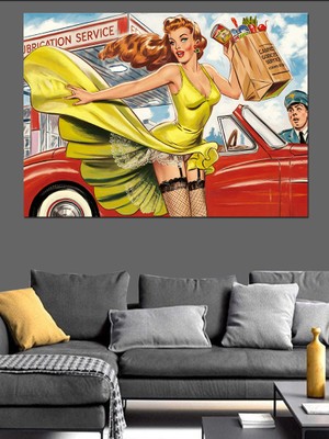Retro Kadın ve Alışveriş Araba Dekoratif Kanvas - Mdf Ahşap Tablo