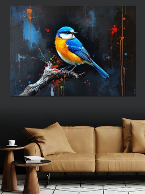 Daldaki Mavi Minik Kuş Dekoratif Kanvas - Mdf Ahşap Tablo