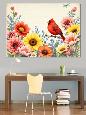 Çiçekler Arasında Kırmızı Kuş Dekoratif Kanvas - Mdf Ahşap Tablo
