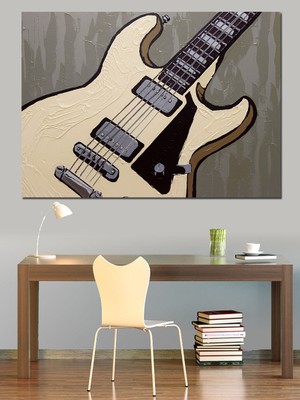 Beyaz Elektro Gitar Illüstrasyonu Dekoratif Kanvas - Mdf Ahşap Tablo