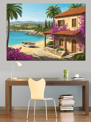 Akdeniz Evleri Sahil Manzarası Dekoratif Kanvas - Mdf Ahşap Tablo