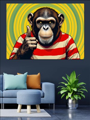 Parmak Sallayan Maymun Dekoratif Kanvas - Mdf Ahşap Tablo