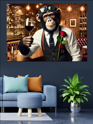 Şarap Içen Kibar Maymun Dekoratif Kanvas - Mdf Ahşap Tablo