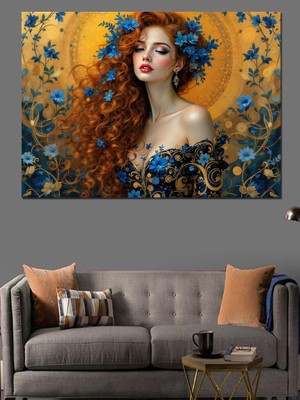 Kırmızı Saçlı Çiçek Kadın Dekoratif Kanvas - Mdf Ahşap Tablo