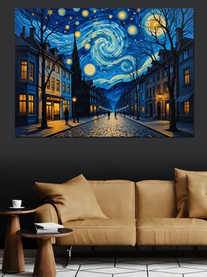 Yıldızlı Gece Sokak Manzarası Dekoratif Kanvas - Mdf Ahşap Tablo