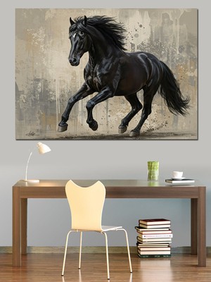 Koşan Siyah Güçlü At Dekoratif Kanvas - Mdf Ahşap Tablo